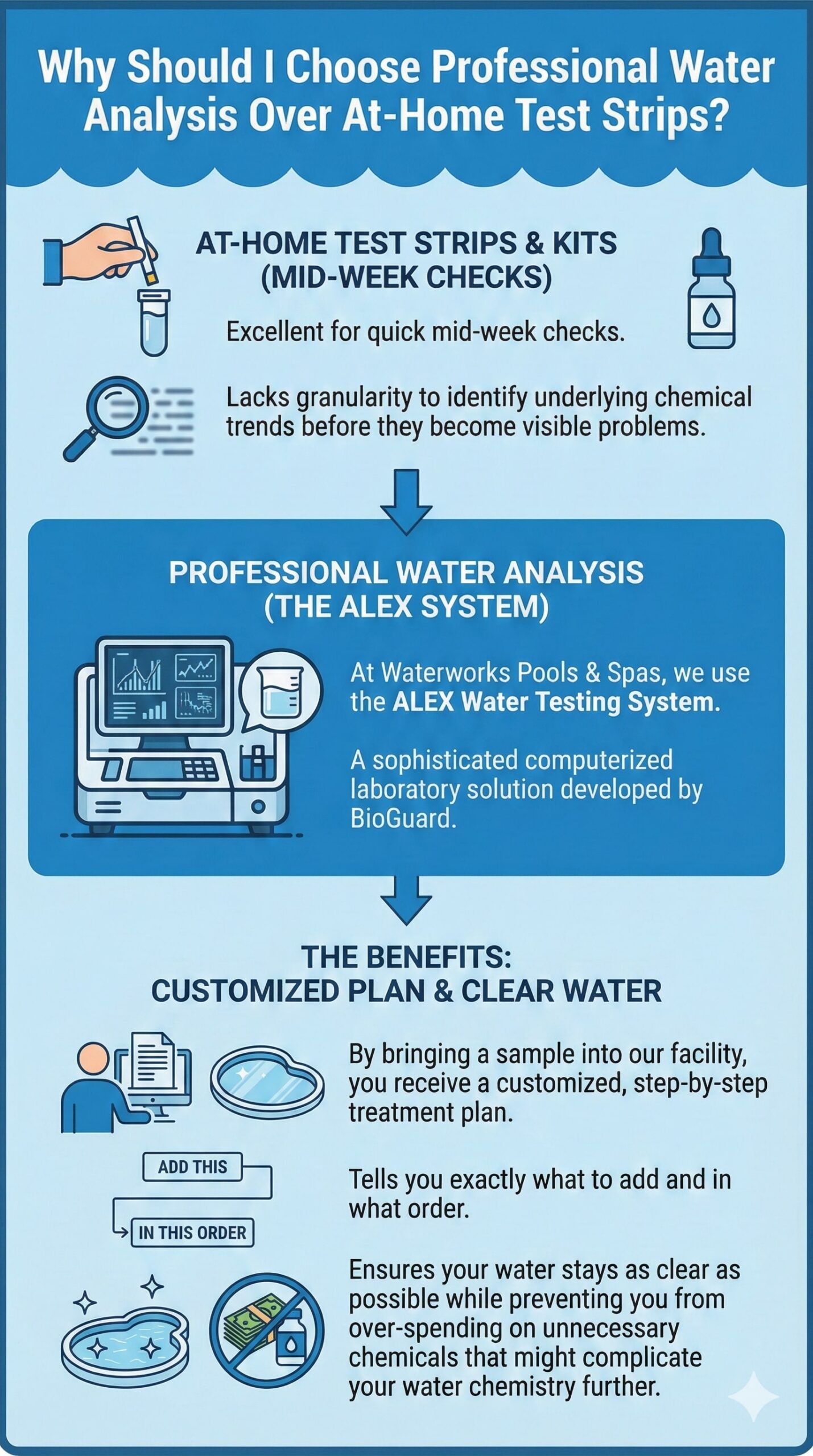 original infographic titled "Why Should I Choose Professional Water Analysis Over At-Home Test Strips?" presented in a vertical, portrait layout using a color palette of light blue, dark blue, and white. The graphic is organized into three distinct sections connected by downward-pointing arrows to show a logical progression. The top section addresses at-home test strips and kits, featuring icons of a hand holding a test strip and a magnifying glass; it notes that while these are excellent for quick mid-week checks, they lack the granularity to identify chemical trends before problems arise. The middle section, highlighted in a dark blue box, focuses on Professional Water Analysis using the ALEX System, featuring an icon of a sophisticated computerized laboratory station; it explains that Waterworks Pools & Spas uses this BioGuard technology for precision testing. The final bottom section details the benefits of this professional service, showing icons of a customized report, a sparkling pool, and a "no" symbol over a stack of cash and chemical bottles. The text explains that customers receive a customized, step-by-step treatment plan that tells them exactly what to add and in what order, ensuring clear water while preventing over-spending on unnecessary chemicals that could complicate water chemistry.